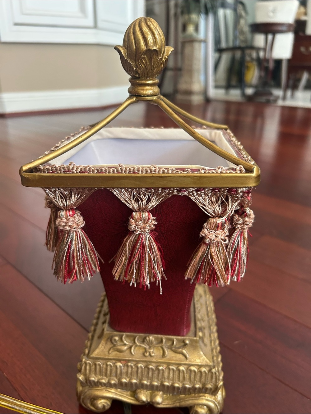 Vintage-Inspired Red Small Table Lamp with Gold Base & Fringe Bohemian Decor